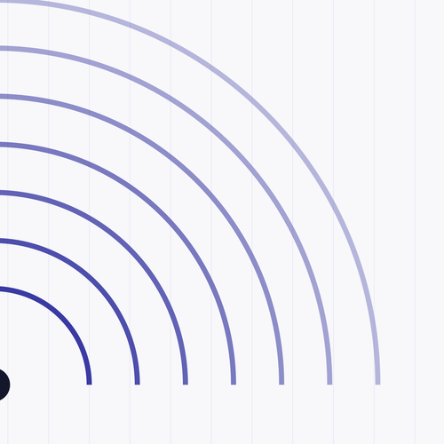 Concentric indigo arcs on a hairline column grid